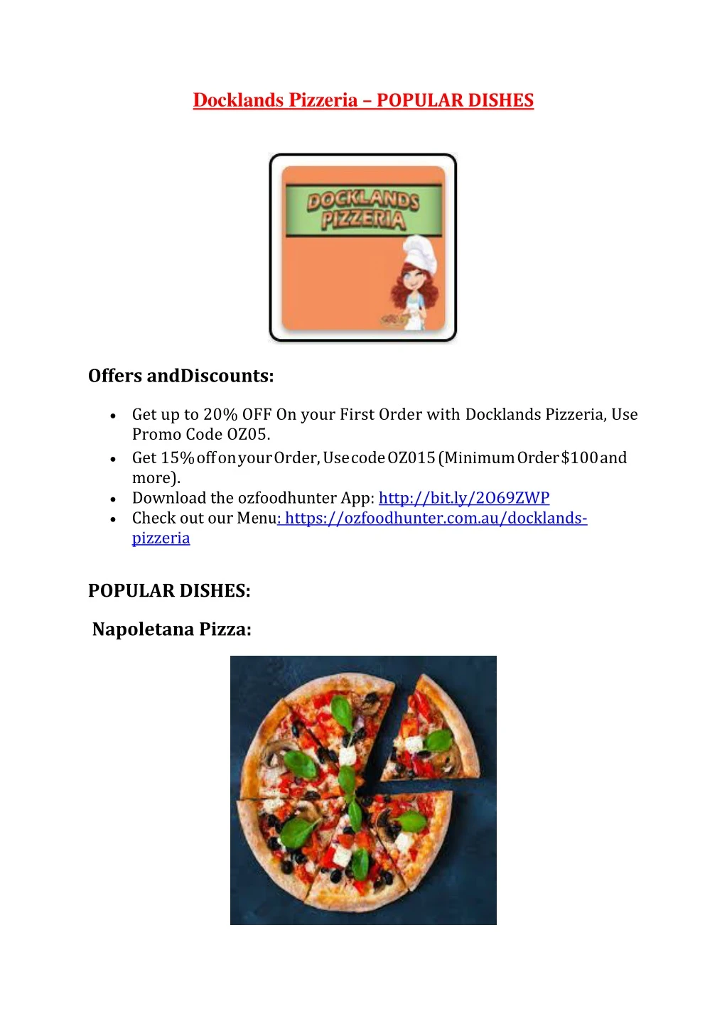 docklands pizzeria popular dishes