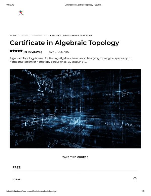 Certificate in Algebraic Topology - Edukite