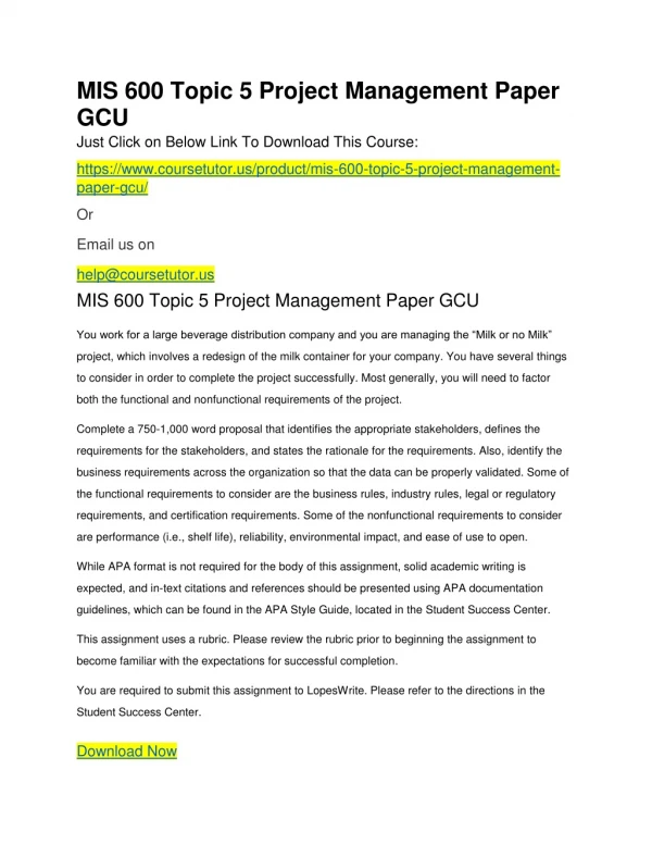 MIS 600 Topic 5 Project Management Paper GCU
