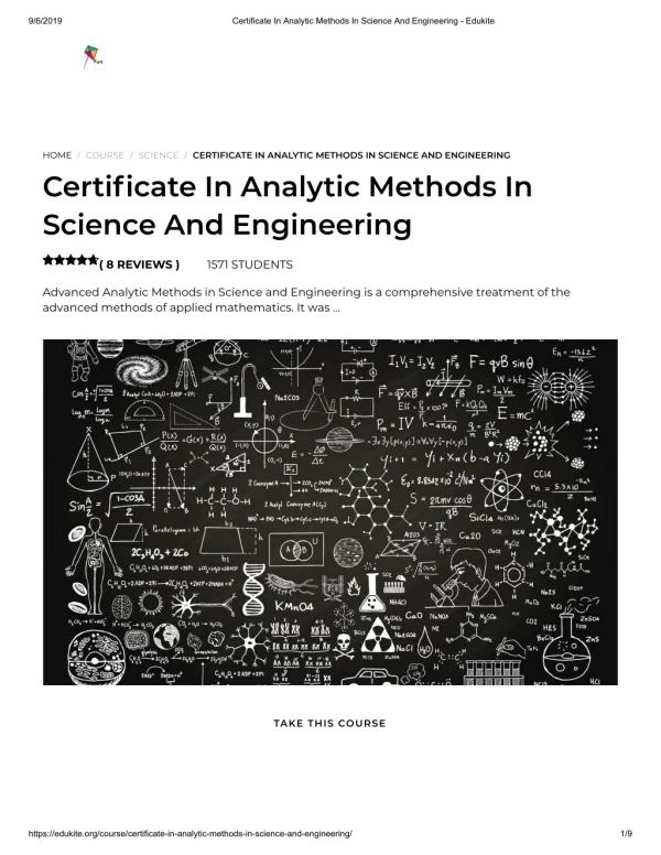Certificate In Analytic Methods In Science And Engineering - Edukite