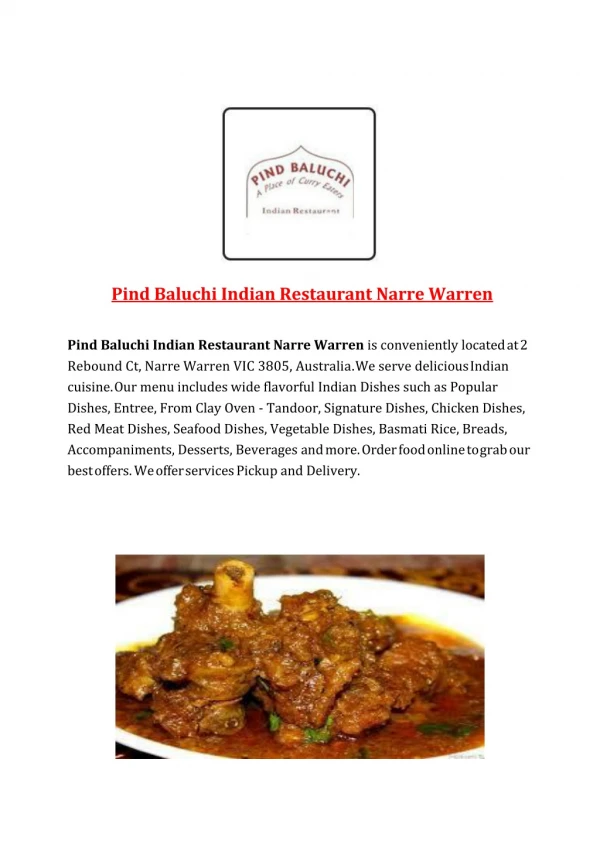 Pind Baluchi Indian Restaurant Narre Warren-Narre Warren - Order Food Online