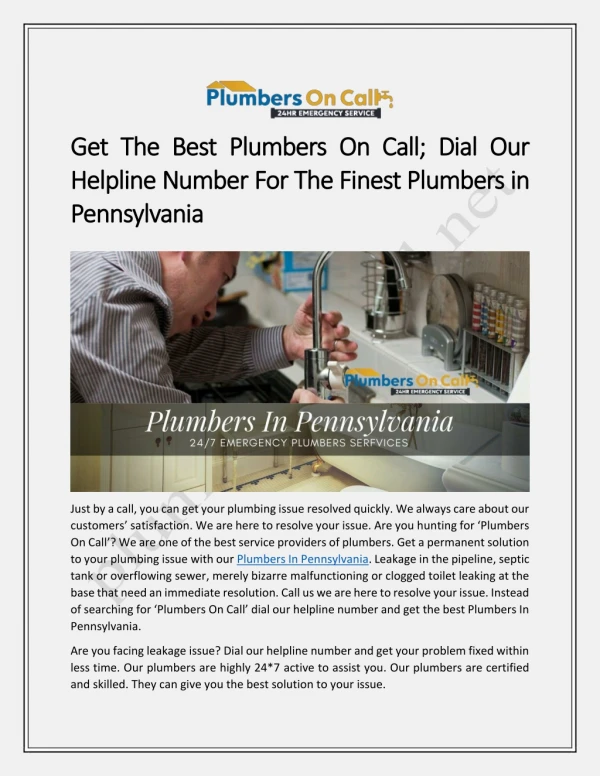 Plumbers in Pennsylvania | Plumbers On Call