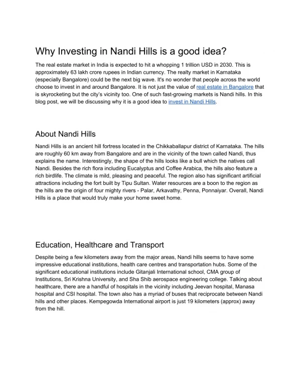 Why Investing in Nandi Hills is a good idea