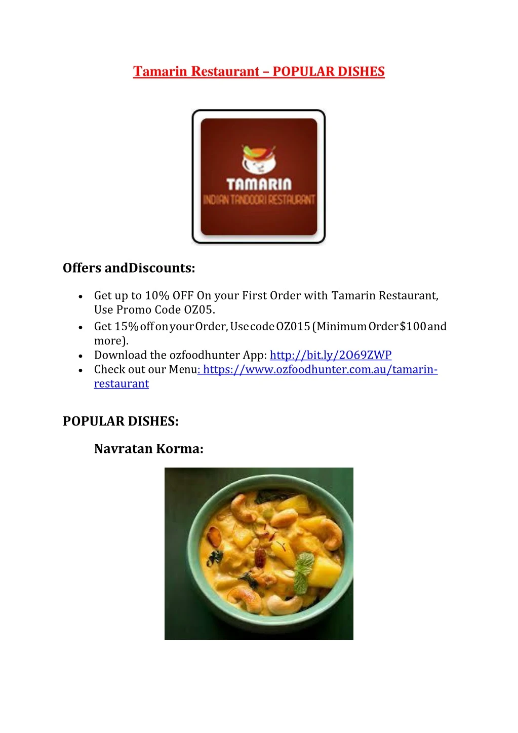 tamarin restaurant popular dishes