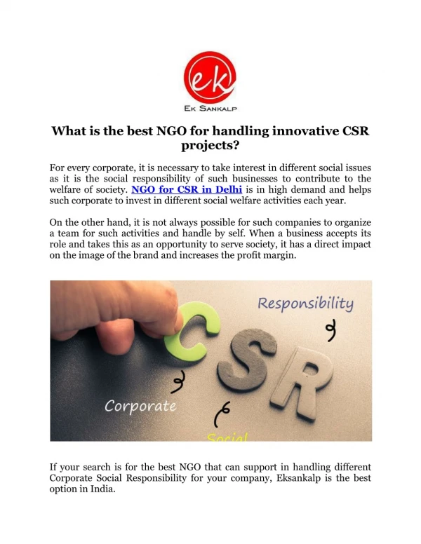 What is the best NGO for handling innovative CSR projects?