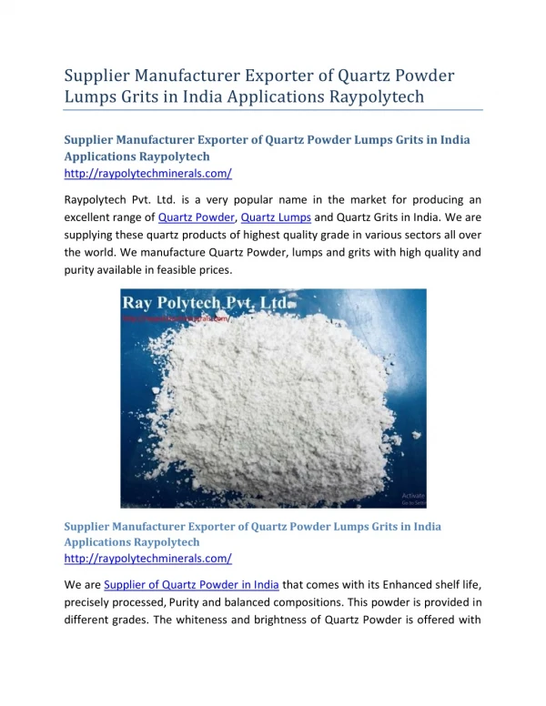Supplier Manufacturer Exporter of Quartz Powder Lumps Grits in India Applications Raypolytech