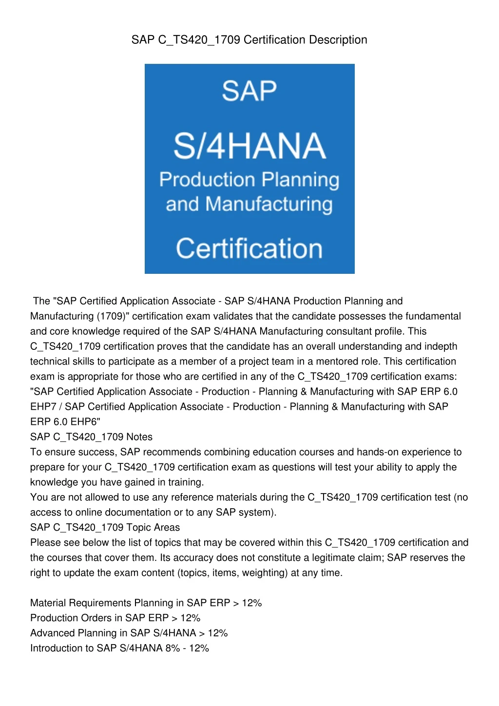 sap c ts420 1709 certification description