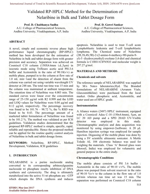 Validated RP-HPLC Method for the Determination of Nelaribine in Bulk and Tablet Dosage Form