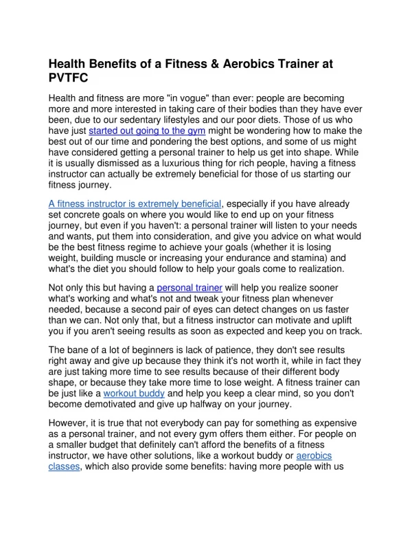 Health Benefits of a Fitness & Aerobics Trainer at PVTFC