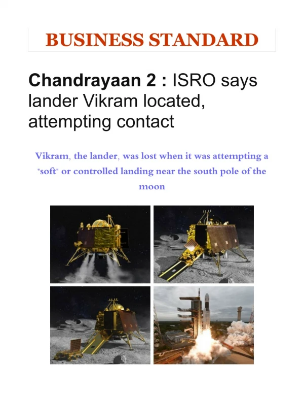 Chandrayaan 2 : ISRO says lander Vikram located, attempting contact