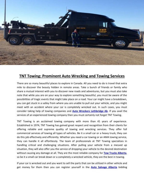 TNT Towing: Prominent Auto Wrecking and Towing Services