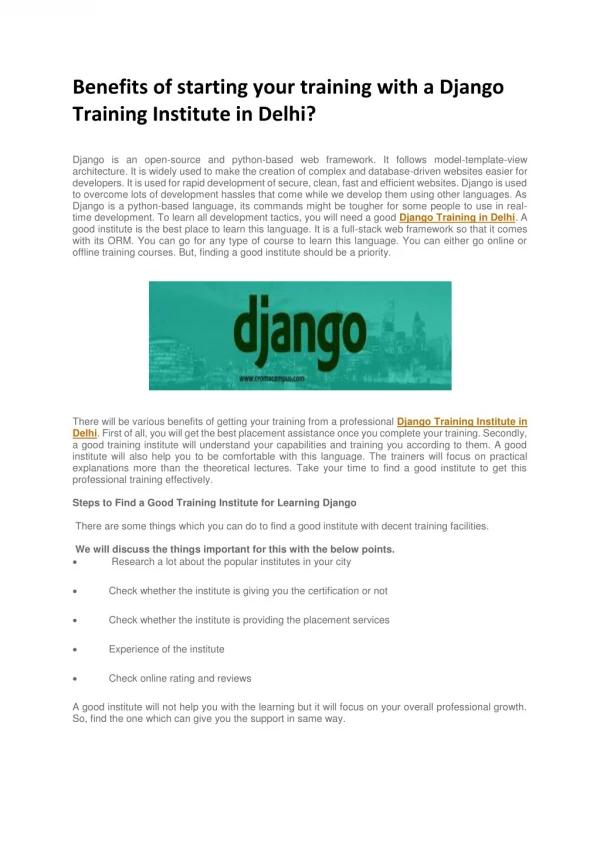 Benefits of starting your training with a Django Training Institute in Delhi?