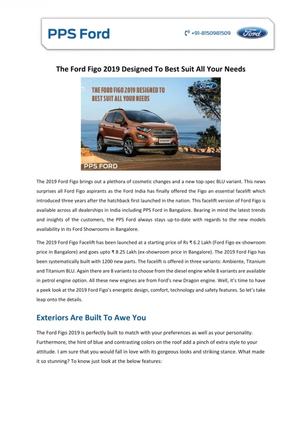The Ford Figo 2019 Designed To Best Suit All Your Needs