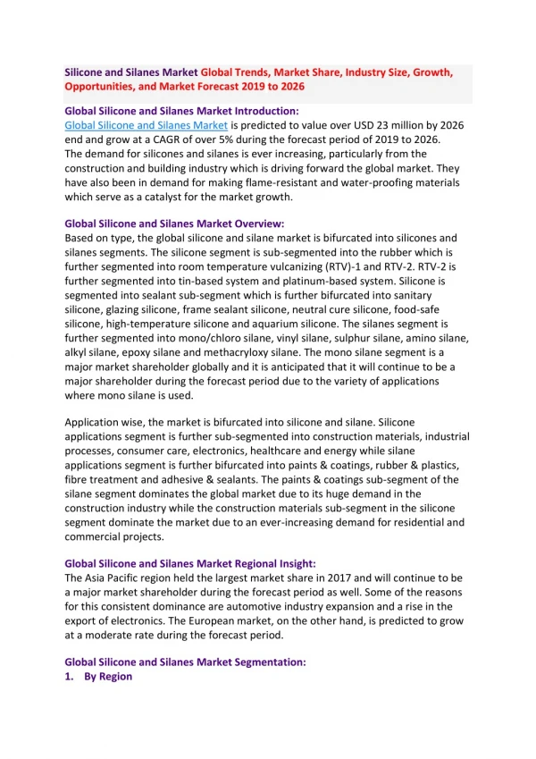 Silicone and Silanes Market Global Trends, Market Share, Industry Size, Growth, Opportunities, and Market Forecast 2019