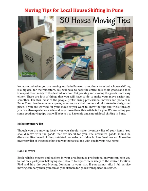 moving tips for local house shifting in pune