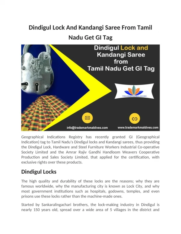 Dindigul Lock And Kandangi Saree From Tamil Nadu Get GI Tag