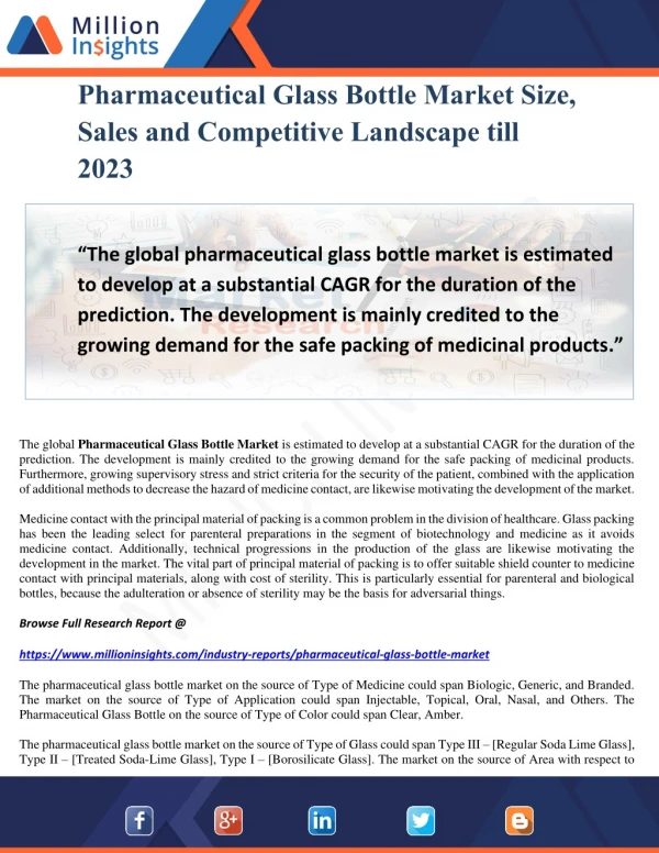 Pharmaceutical Glass Bottle Market Size, Sales and Competitive Landscape till 2023