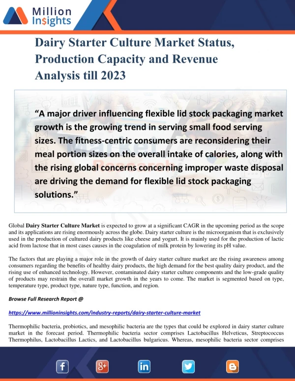 Dairy Starter Culture Market Status, Production Capacity and Revenue Analysis till 2023