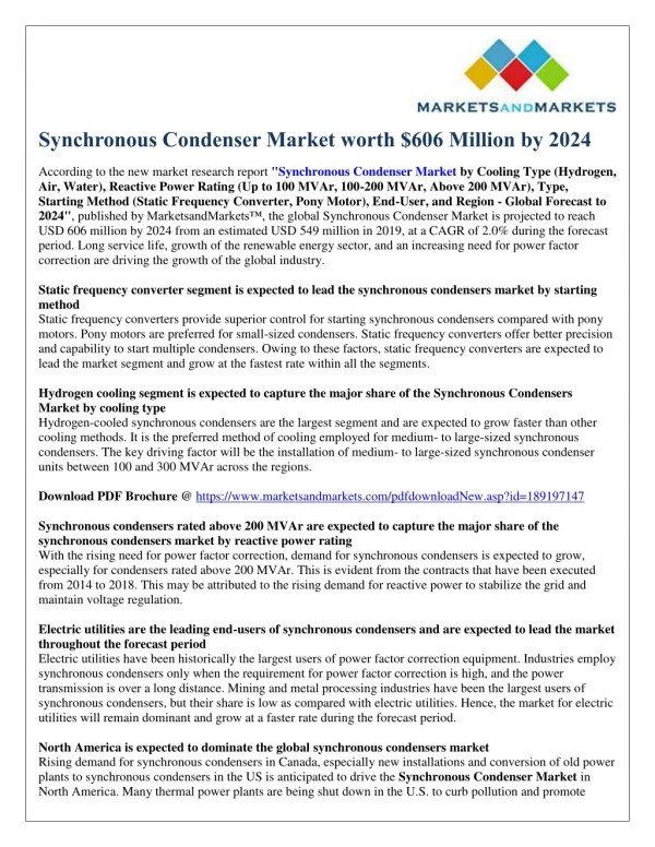 Synchronous Condenser Market worth $606 Million by 2024