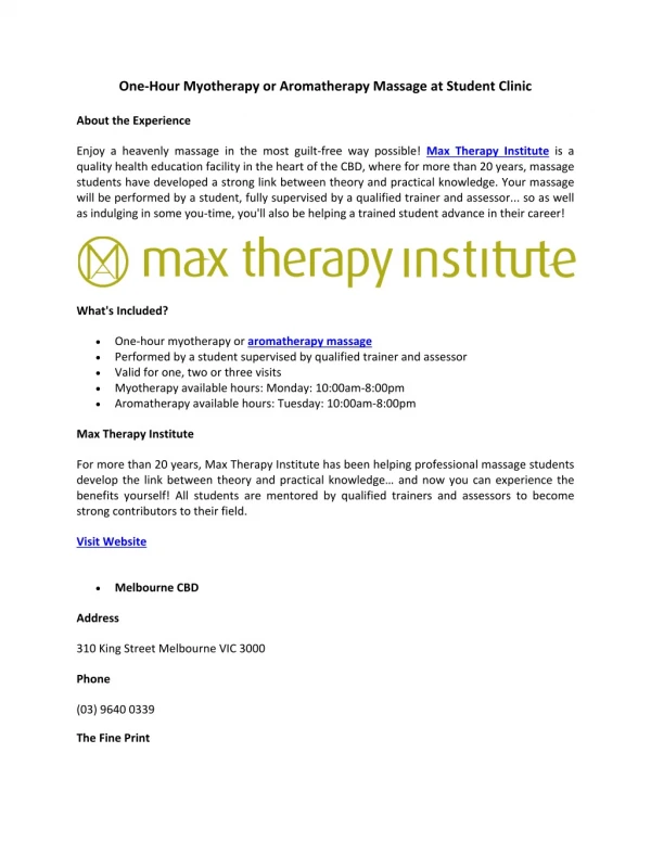 One-Hour Myotherapy or Aromatherapy Massage at Student Clinic