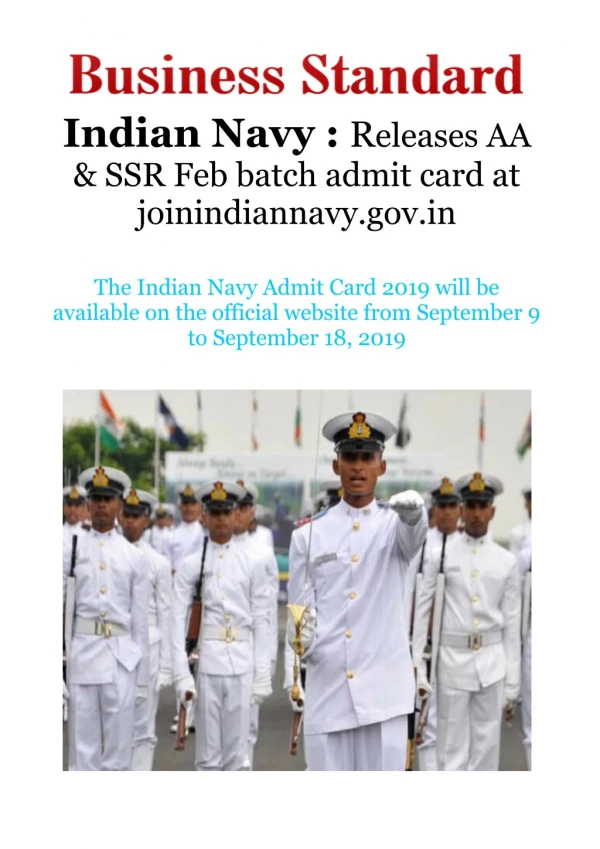 Indian Navy : Releases AA & SSR Feb batch admit card at joinindiannavy.gov.in