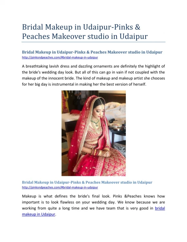 Bridal Makeup in Udaipur-Pinks & Peaches Makeover studio in Udaipur
