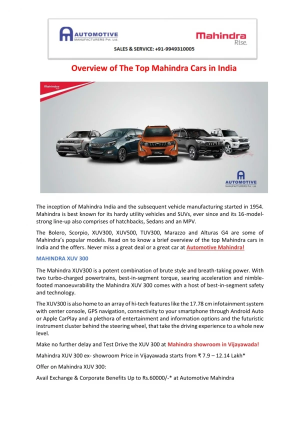 Overview Of The Top Mahindra Cars in India