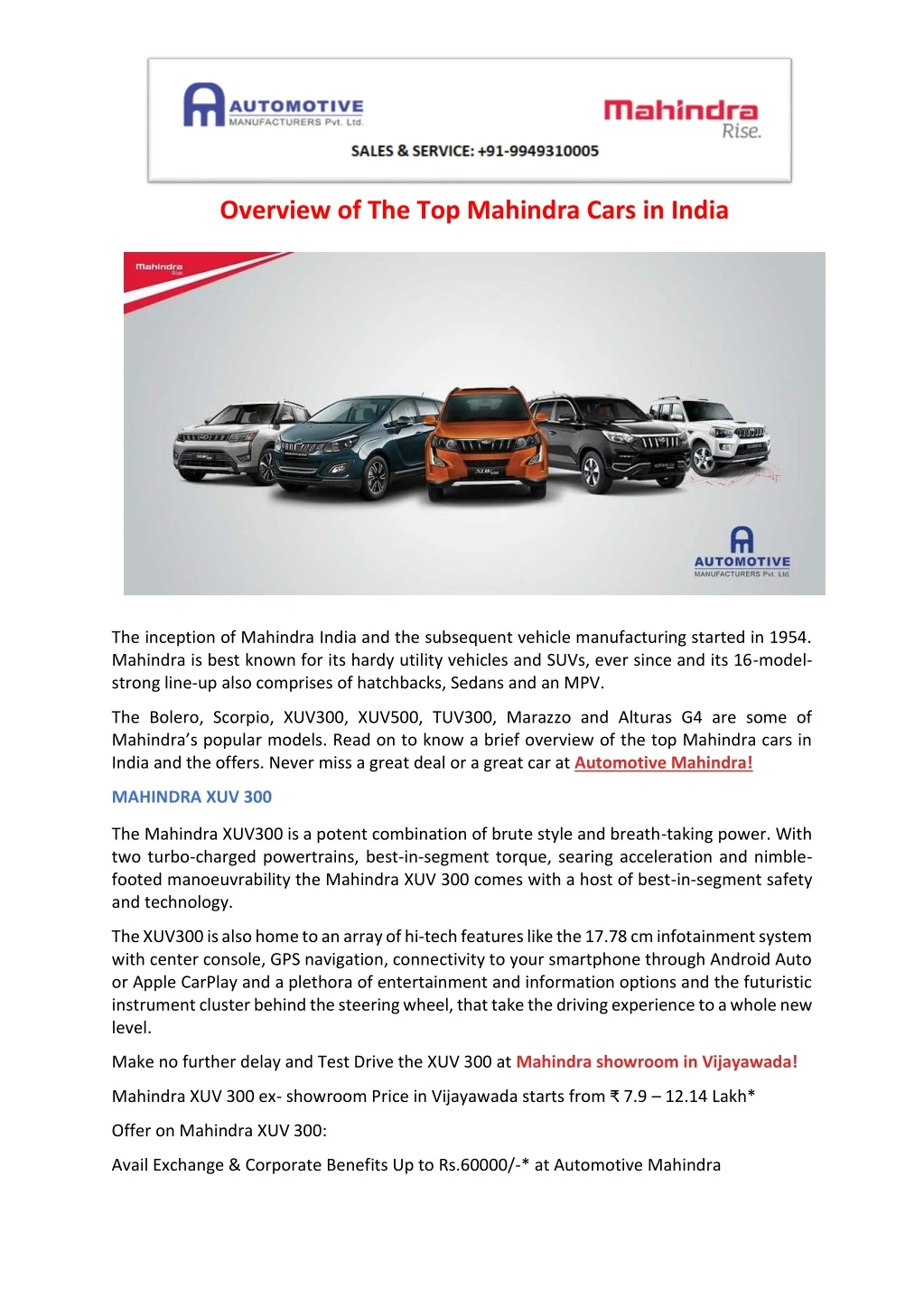 overview of the top mahindra cars in india
