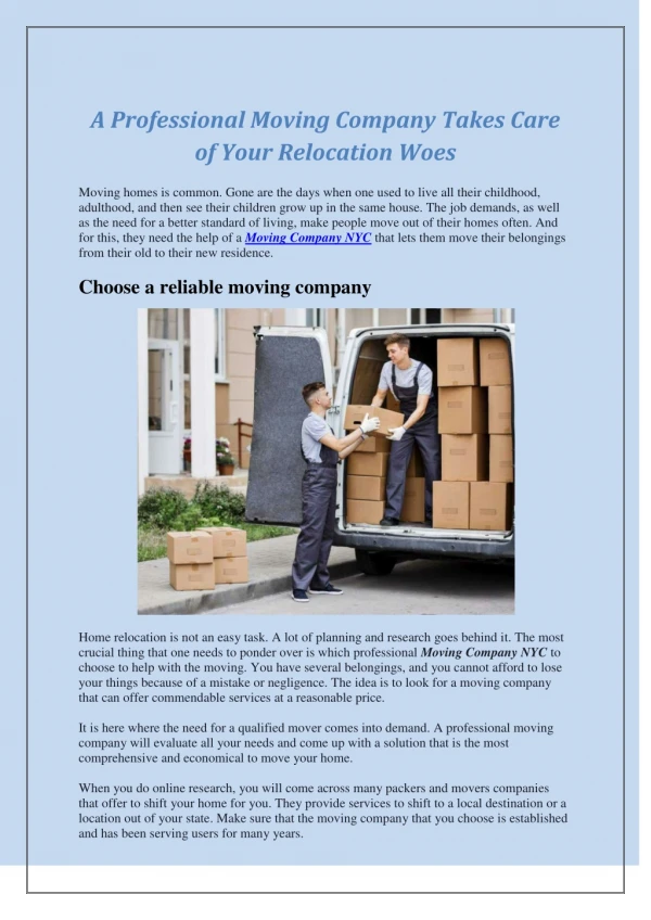 A Professional Moving Company Takes Care of Your Relocation Woes