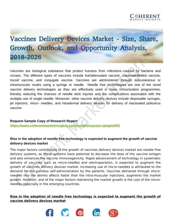 Vaccines Delivery Devices Market Size forecast to witness considerable growth from 2018 to 2026