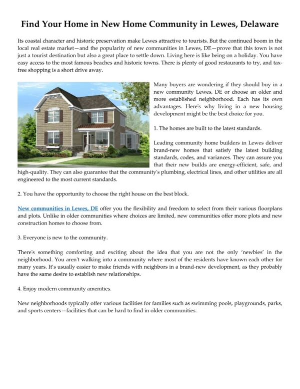 Find Your Home in New Home Community in Lewes, Delaware