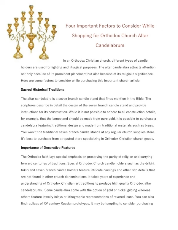 Four Important Factors to Consider While Shopping for Orthodox Church Altar Candelabrum
