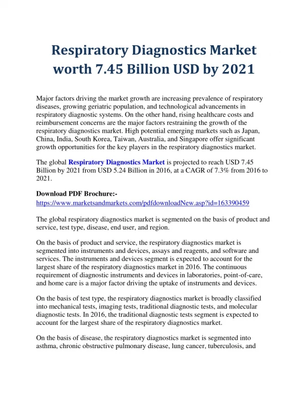 Respiratory Diagnostics Market worth 7.45 Billion USD by 2021