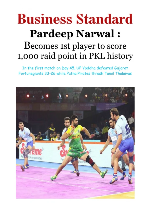 Pardeep narwal becomes 1st player to score 1,000 raid point in pkl history