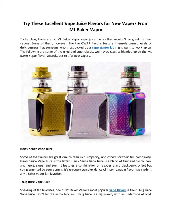Try These Excellent Vape Juice Flavors for New Vapers From Mt Baker Vapor