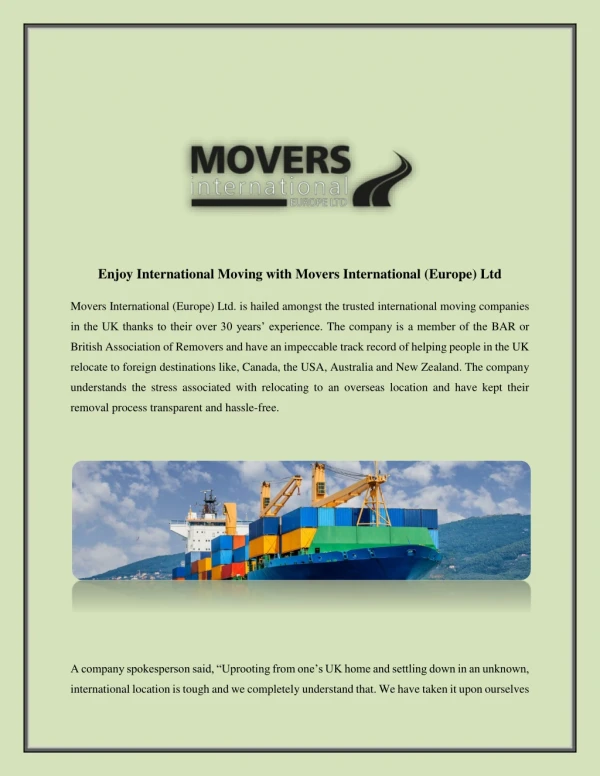 Enjoy International Moving with Movers International (Europe) Ltd