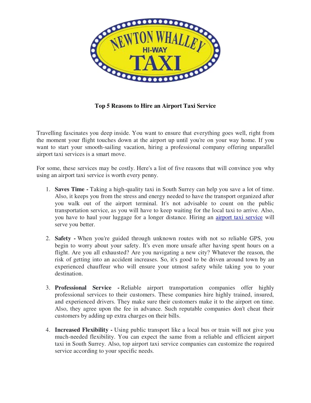 top 5 reasons to hire an airport taxi service