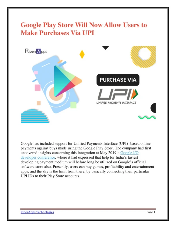 Google Play Store Will Now Allow Users to Make Purchases Via UPI