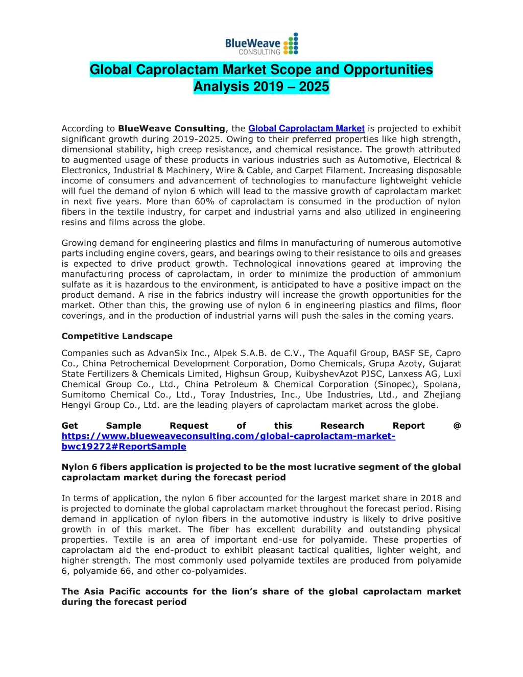 global caprolactam market scope and opportunities