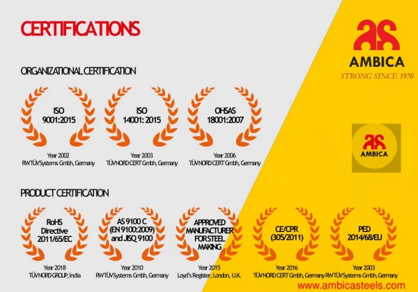 Certificate hold by Ambica steels