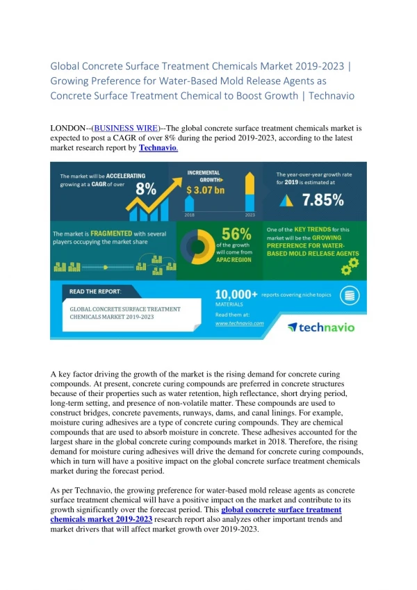 Global Concrete Surface Treatment Chemicals Market 2019-2023 | Growing Preference for Water-Based Mold Release Agents as