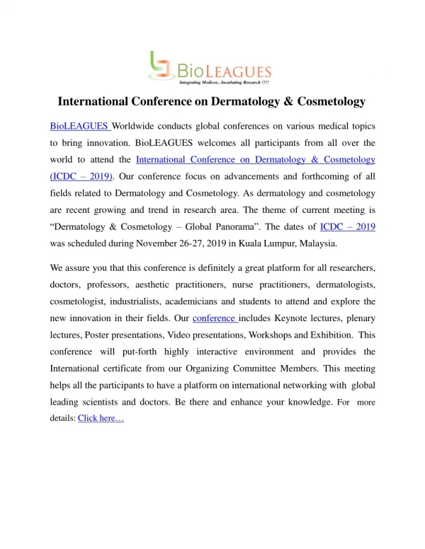 International conference on Dermatology & Cosmetology