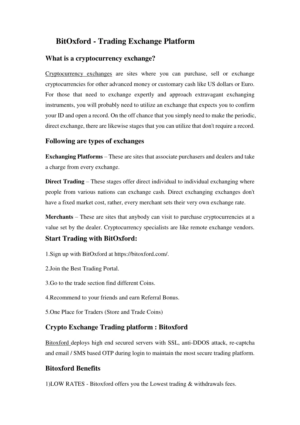 bitoxford trading exchange platform