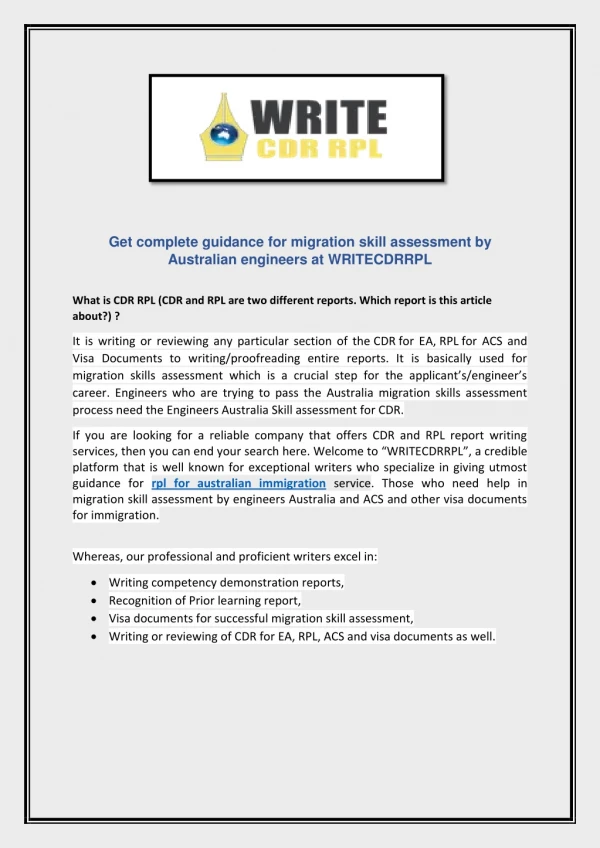 Get complete guidance for migration skill assessment by Australian engineers at WRITECDRRPL