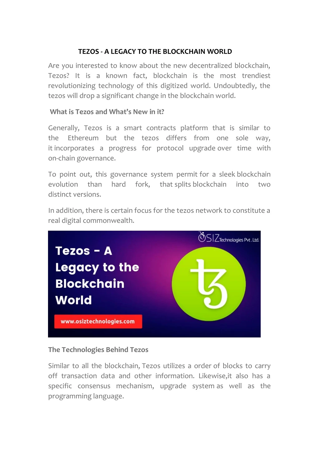tezos a legacy to the blockchain world