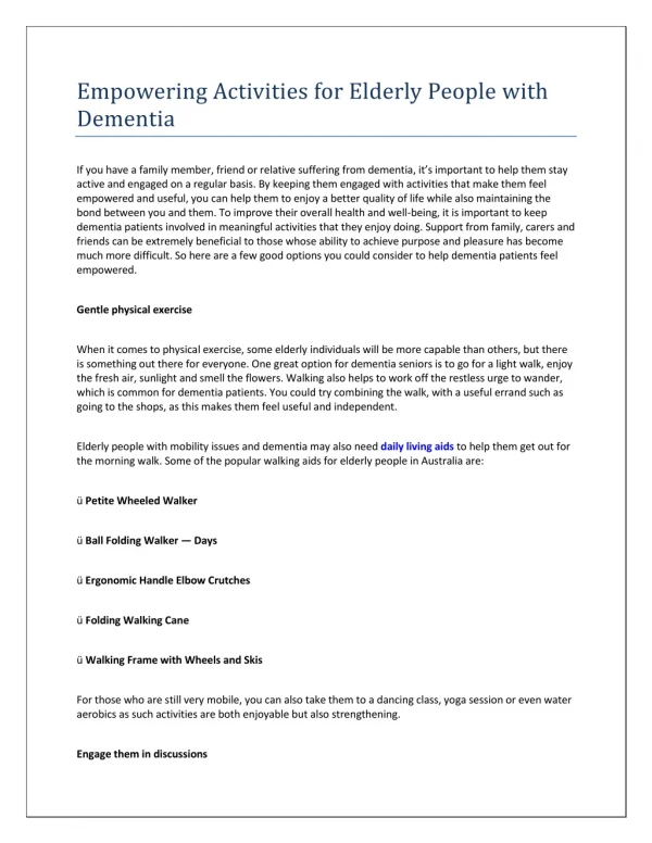 Empowering Activities for Elderly People with Dementia