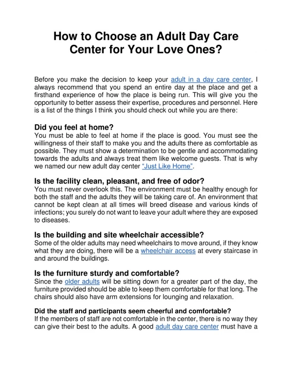 How to Choose an Adult Day Care Center for Your Love Ones