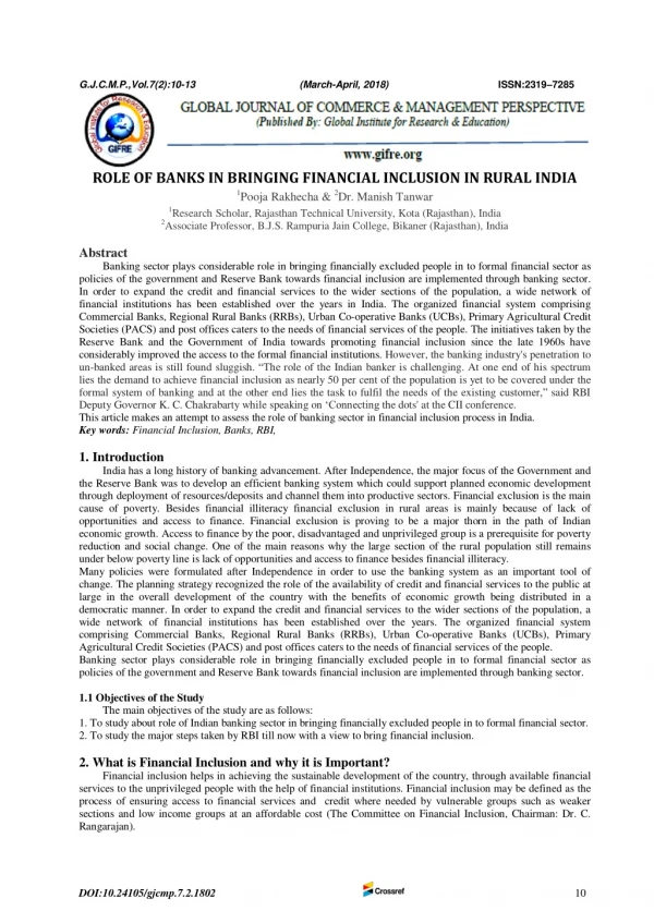 ROLE OF BANKS IN BRINGING FINANCIAL INCLUSION IN RURAL INDIA