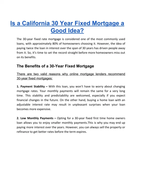 Is a California 30 Year Fixed Mortgage a Good Idea?