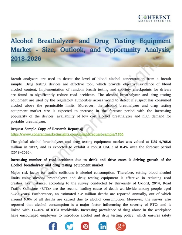 Alcohol Breathalyzer and Drug Testing Equipment Market - Size, Outlook, and Opportunity Analysis, 2018-2026